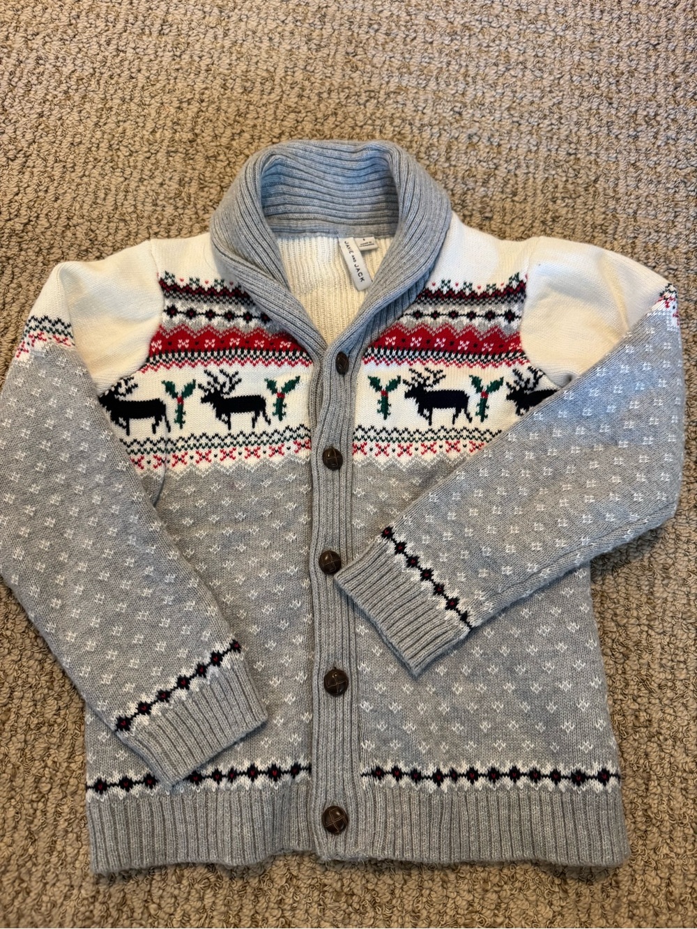 Janie and Jack 6 Shawl Collar Fair Isle Cardigan Sweater - Reindeer Pattern
